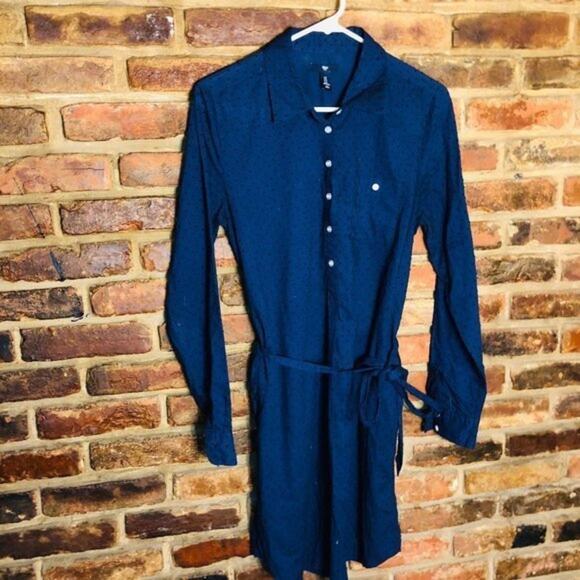 GAP Navy Blue Textured Jacquard Dot Button Down Mini Shirt Dress Size Small - Picture 1 of 6